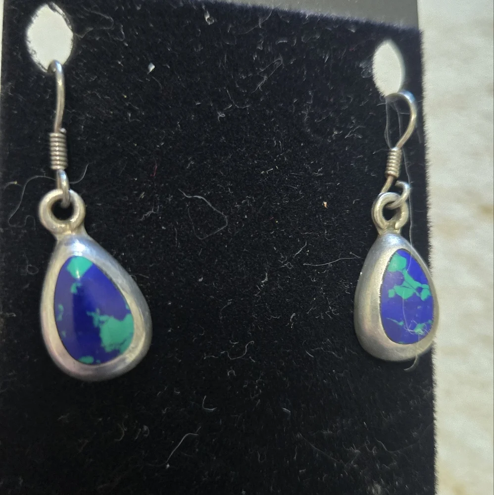 Azurite Malachite Silver Earrings - Picture 2 of 6